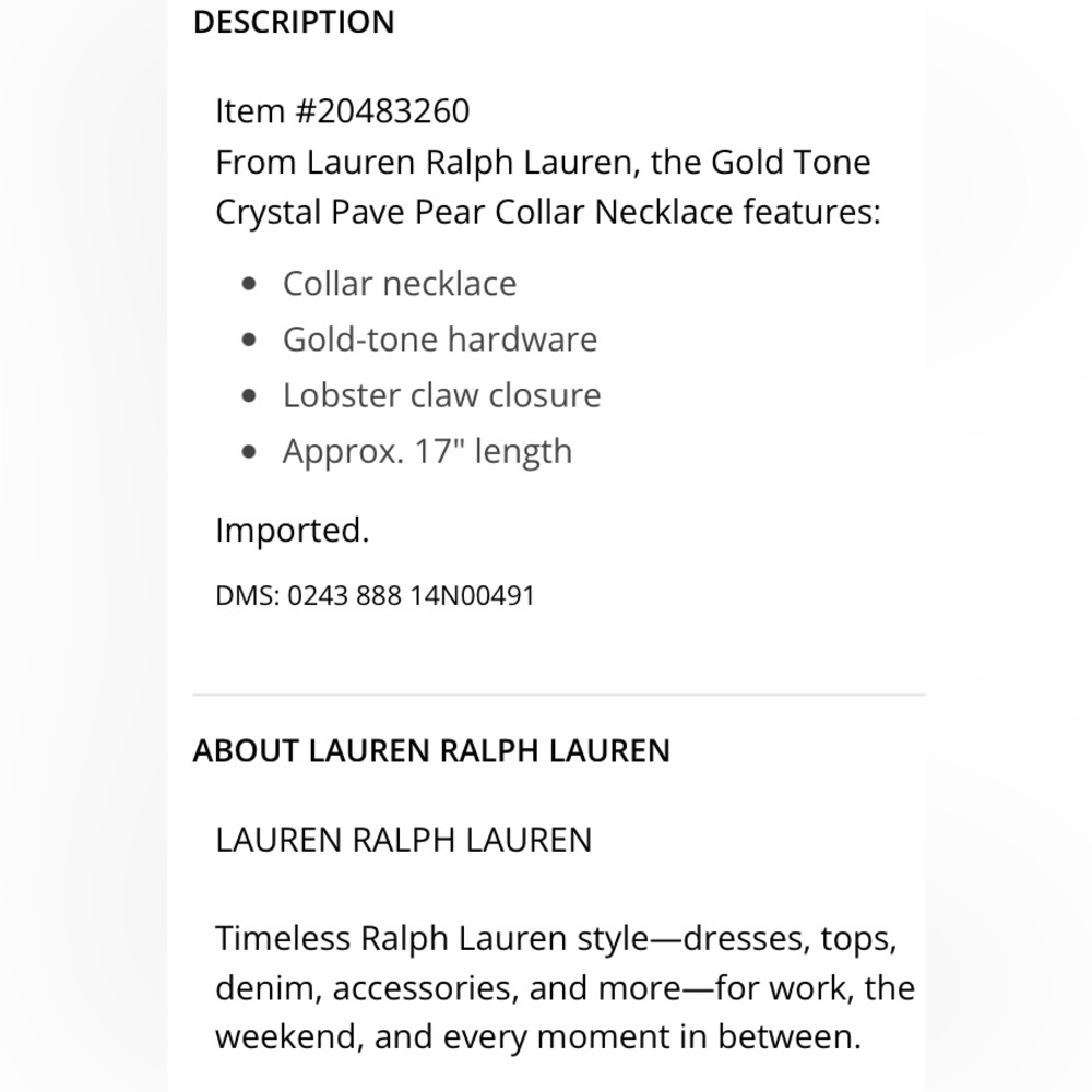 NWT Lauren Ralph Lauren Gold Tone Crystal Pave Pear Collar Necklace - Picture 6 of 7